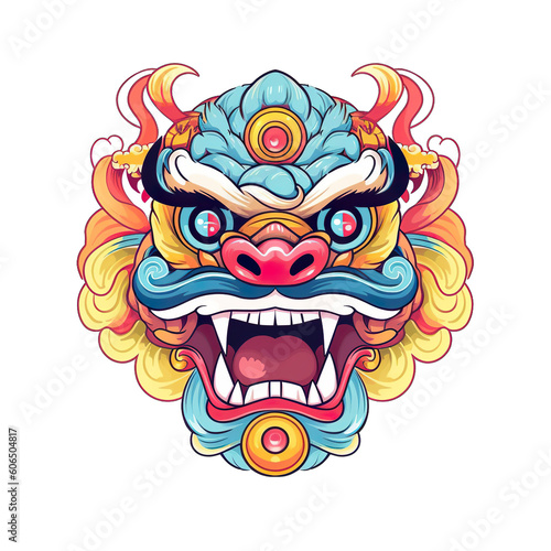 chinese lion dancing head  cartoon style  color  minimalist  isolated PNG background