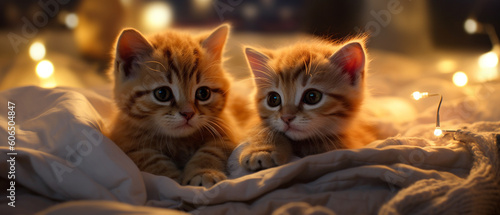 cute kittens on a blanket on bed at night, AI generative © Onchira