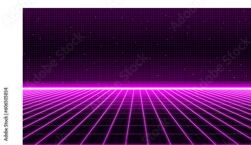 Synthwave wireframe net illustration. Abstract digital background. 80s, 90s Retro futurism, Retro wave cyber grid. Deep space surfaces. Neon lights glowing. Starry background. Vector 3D Rendering