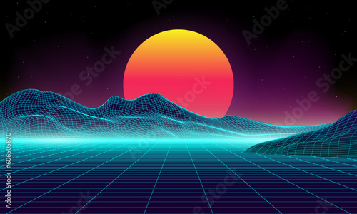 Retro background futuristic landscape 1980s style. Digital retro cyber surface. 80s party background . Retro 80s fashion Sci-Fi Background Summer Landscape. Retro cyberpunk style 80s Sci-Fi. 3D illust
