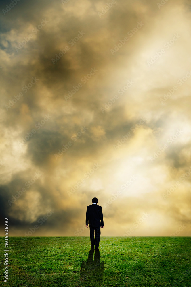 businessman walking away, along a meadow businessman walking away, along a meadow