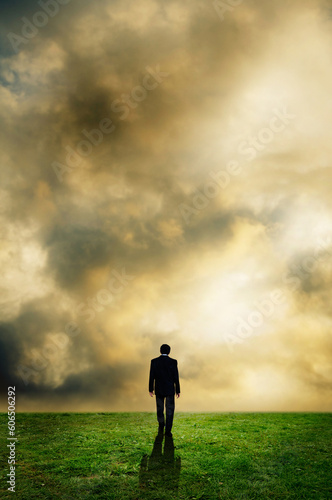 businessman walking away, along a meadow  © Visualmind