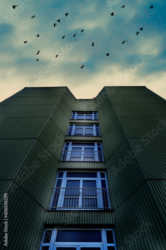 low angle of a mysterious tall building with birds flying over it