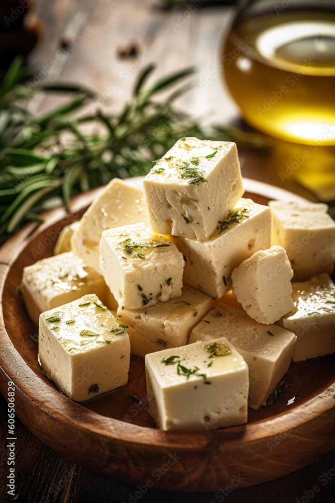 Feta cheese cubes garnished with olive oil and oregano