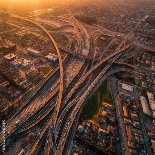 Aerial view of highway and overpass with cars in city. AI generative illustration.