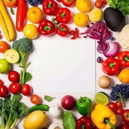 Square rainbow colored composition with fresh fruits and vegetables arrangement. AI generative illustration.