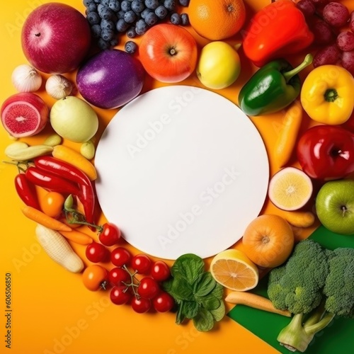 Round rainbow colored composition with white empty paper and fresh fruits with vegetables. AI generative illustration.