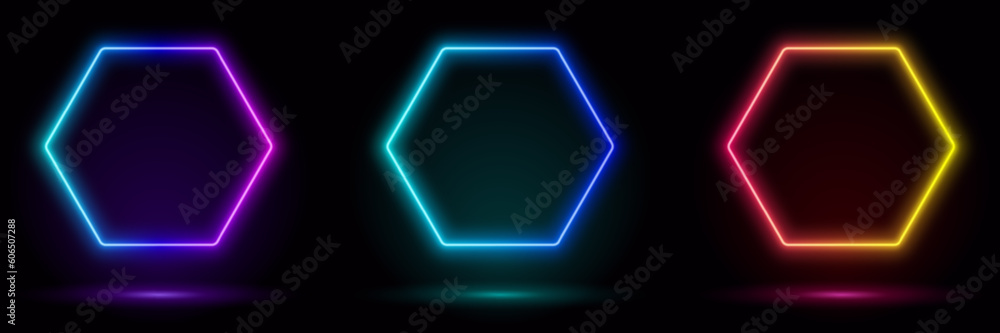 3d render, blue neon hexagon frame, circle, hexagon shape, empty space, ultraviolet light, 80's retro style, fashion show stage, abstract background, illuminate frame design. Abstract cosmic vibrant 3d render, blue neon hexagon frame, circle, hexagon shape, empty space, ultraviolet light, 80's retro style, fashion show stage, abstract background, illuminate frame design. Abstract cosmic vibrant