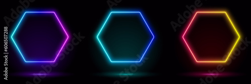 3d render, blue neon hexagon frame, circle, hexagon shape, empty space, ultraviolet light, 80's retro style, fashion show stage, abstract background, illuminate frame design. Abstract cosmic vibrant