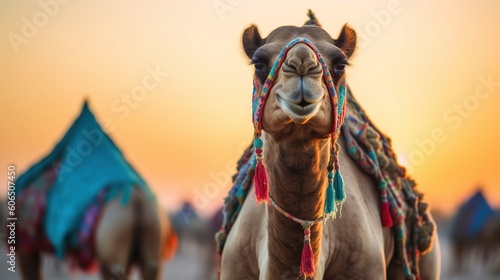  a close up of a camel with a sky in the backgrouund and a tent in the background with a sky in the backgrouund.  generative ai photo