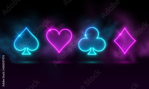 Backlit neon style card suits, card game, playing cards suit, red and black playing cards symbol set, vector illustration, place for text. Neon card suits with smoke effect. Deck of cards for playing 