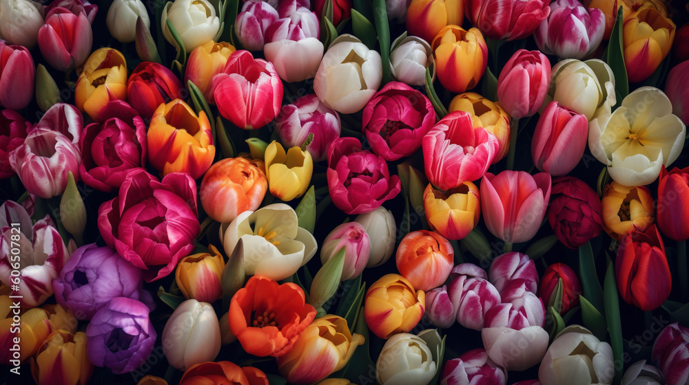 Colorful tulips wallpaper. AI
