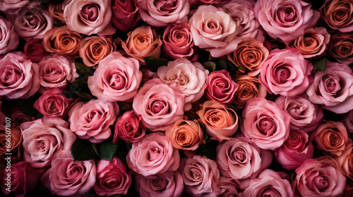 Pink roses flat lay wallpaper. AI
