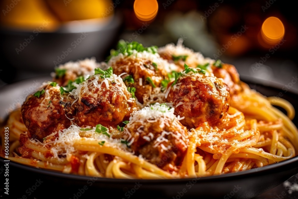 pasta with meatballs and freshly grated Parmesan cheese