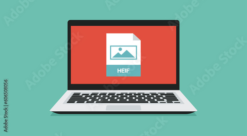 High Efficiency Image file format icon label on laptop screen, vector flat illustration