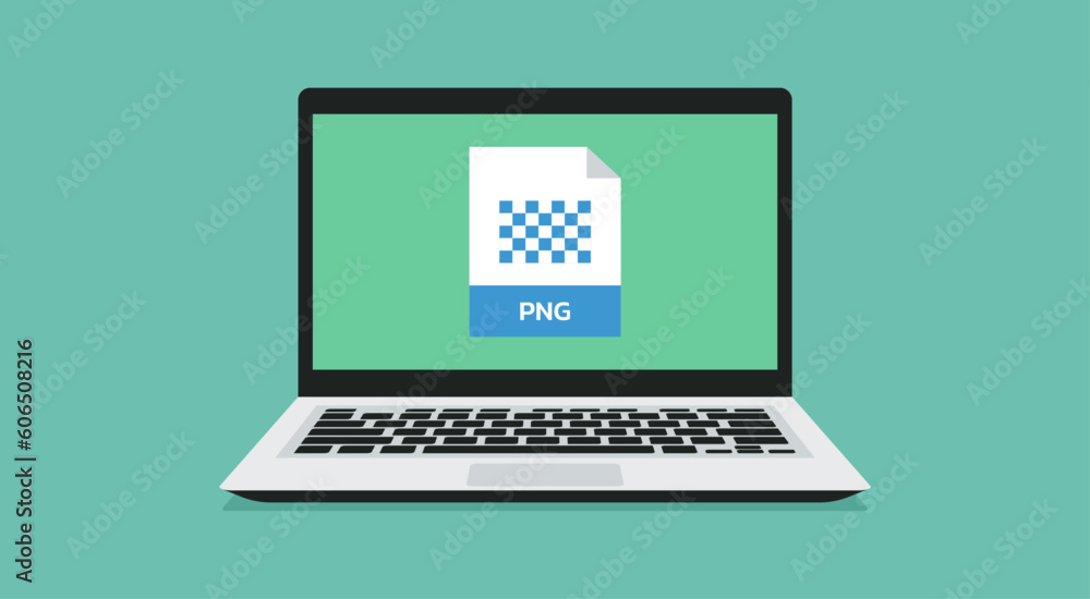 file format icon with PNG label on laptop screen, vector flat illustration file format icon with PNG label on laptop screen, vector flat illustration