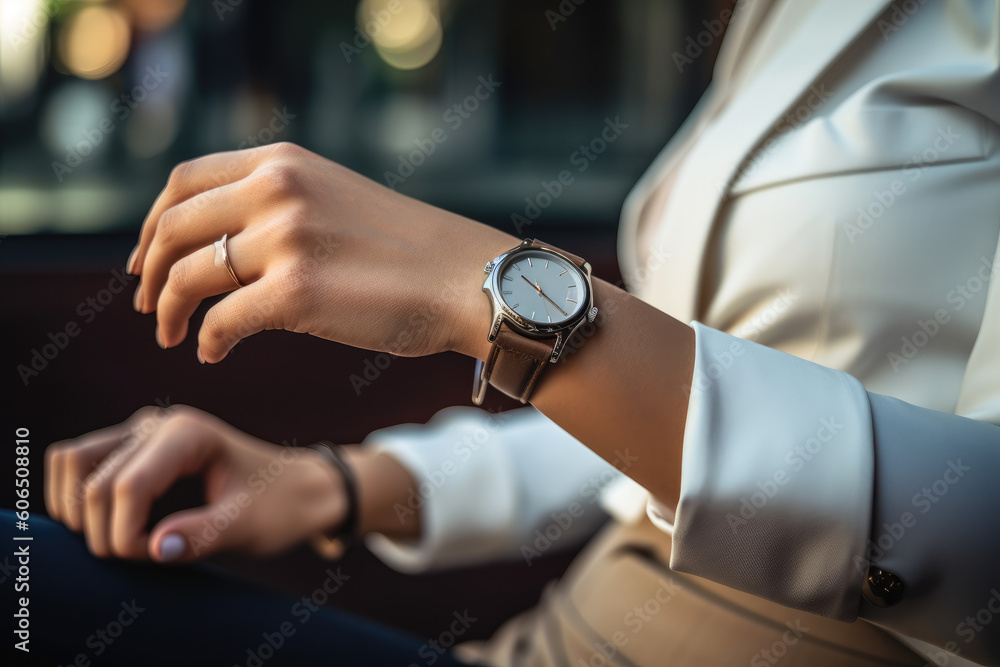 A close-up view of an unrecognizable businesswoman checking the time on her watch - Generative AI A close-up view of an unrecognizable businesswoman checking the time on her watch - Generative AI