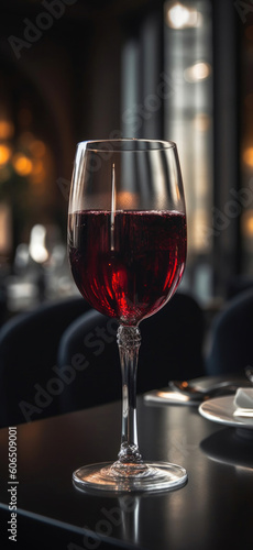 A glass of red wine in a fancy restaurant. Generative AI