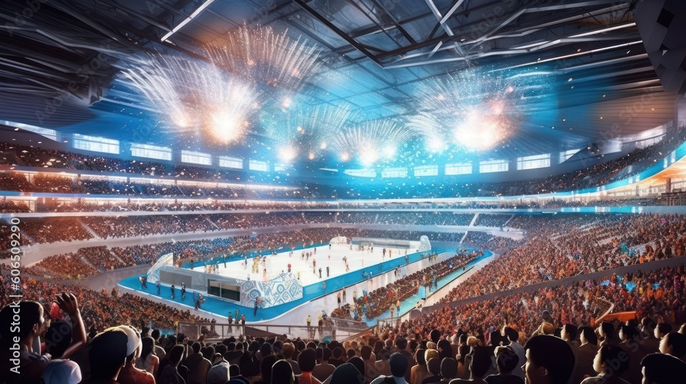Fototapeta premium Conceptualize a high - energy, futuristic sports competition with advanced technology, gravity - defying arenas, and intense athletic feats