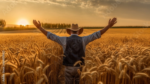 Farmer is very happy in the middle of a wheat field with Generative AI.