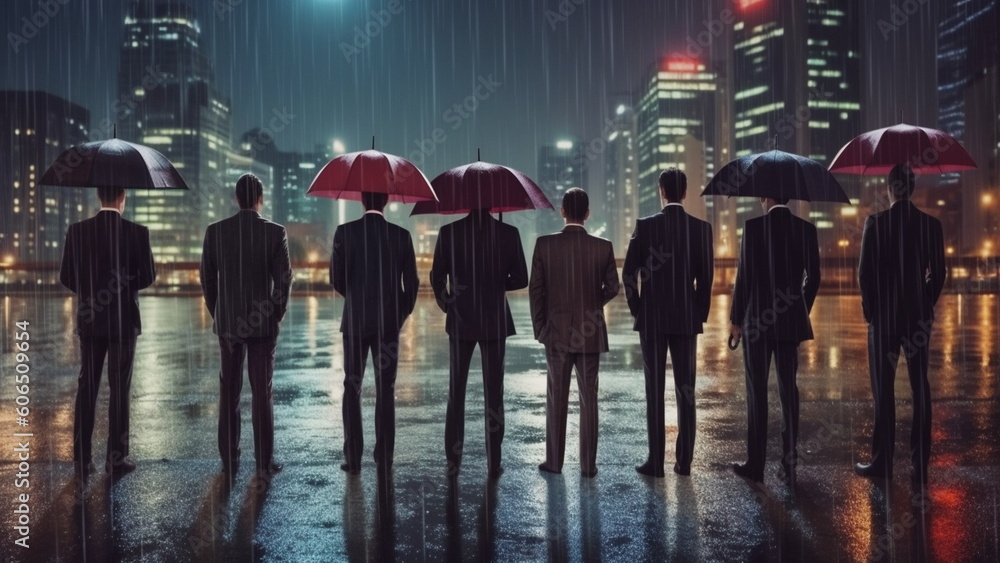 Businessmen with umbrella standing in stormy rain with Generative AI.