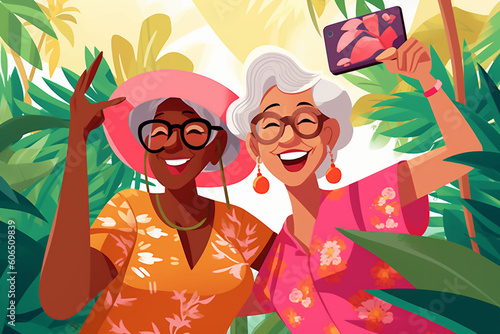 Illustration of Two Friends on Vacation Taking a Selfie. Generative ai
