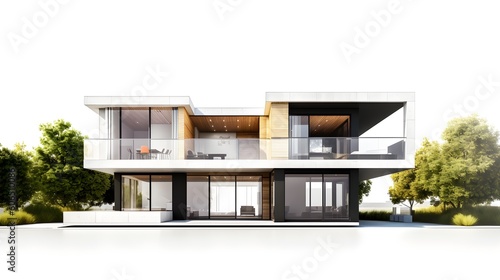3D illustration, architecture, modern style two storey house, white, color accents, roof,rendering on isolate white background © Peffy's Photography