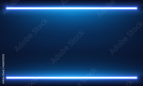 Blue neon lamps vector, backlight bottom wall with fluorescent lamps, neon light vector, radiance, dark background with place for text in neon lighting. Halogen or led light lamps elements for night