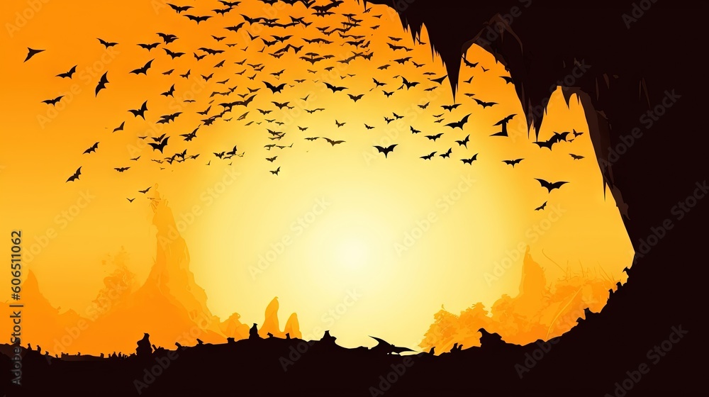 Φωτογραφία a large flock of birds flying over a forest at sun rise in the background of a silhouette of a tree and a large orange sun