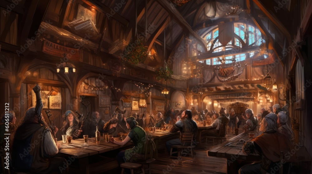 Cozy and bustling fantasy tavern, with adventurers, merchants, and creatures from all walks of life gathering for stories, music, and merriment Cozy and bustling fantasy tavern, with adventurers, merchants, and creatures from all walks of life gathering for stories, music, and merriment