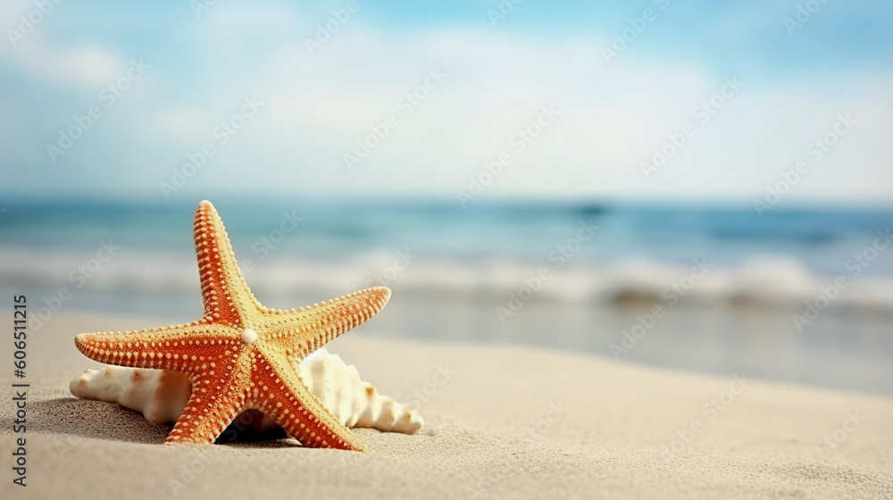 Starfish on the seashore in the sand. Banner. Copy space. AI generation.
