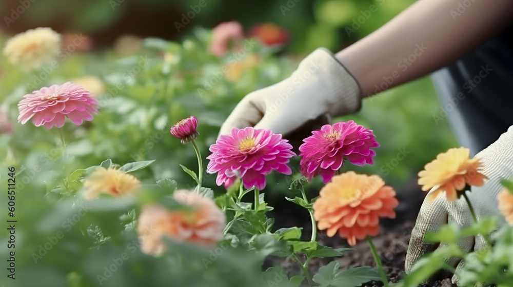 Close-up of people planting flowers or working in a public garden. Ai generation