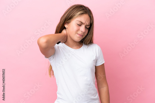 Little caucasian girl isolated on pink background with neckache