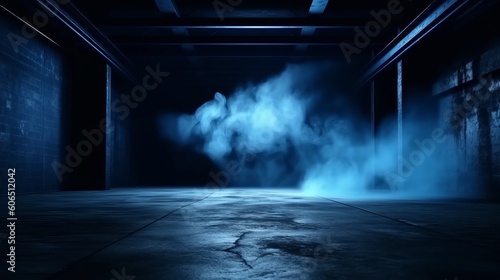 abstract dark blue background  empty dark scene  neon light  spotlights The concrete floor and studio room with smoke float up the interior texture for display products  Generative AI