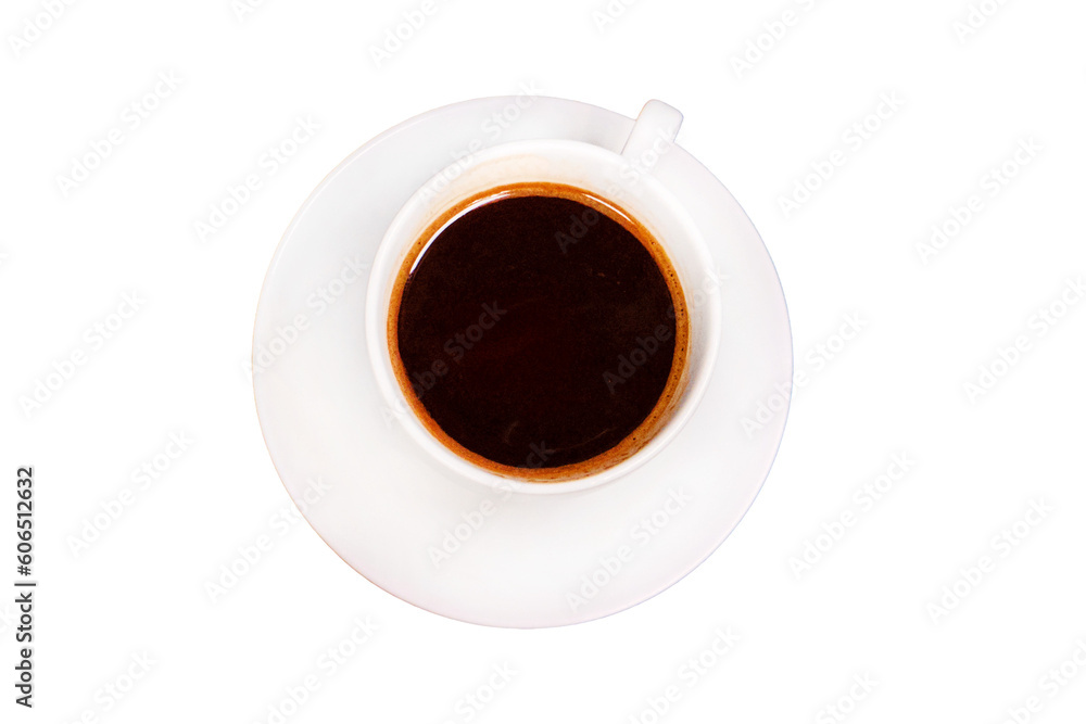 White cup with black coffee on a saucer, isolated on a white background White cup with black coffee on a saucer, isolated on a white background