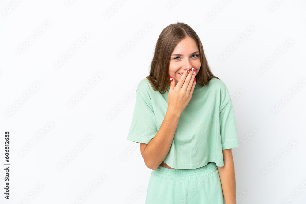 Young Lithuanian woman isolated on white background happy and smiling covering mouth with hand Young Lithuanian woman isolated on white background happy and smiling covering mouth with hand