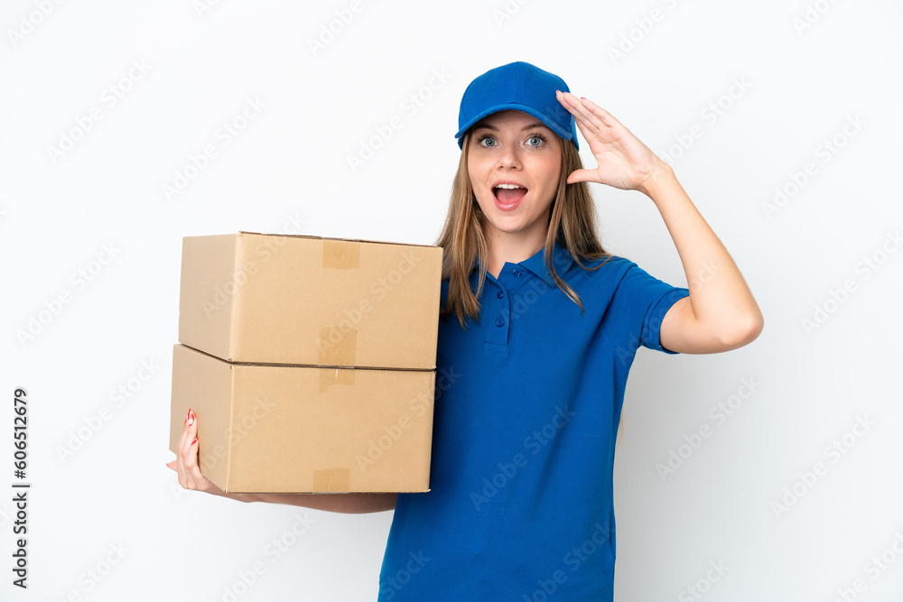 Delivery Lithuanian woman isolated on white background with surprise expression Delivery Lithuanian woman isolated on white background with surprise expression
