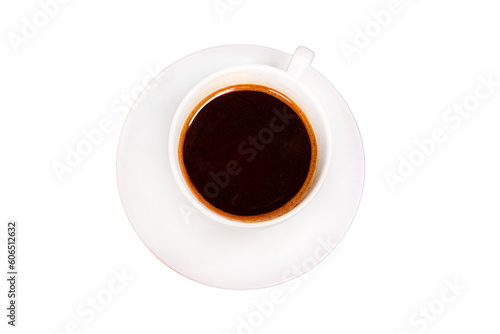 White cup with black coffee on a saucer, isolated on a white background