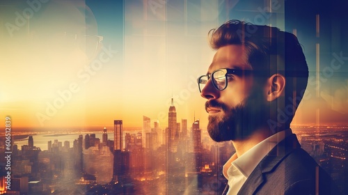 Closeup photo of stylish bearded banker wearing glasses and looking city. Double exposure, panoramic view contemporary megalopolis background. Space for your business message, Generative AI