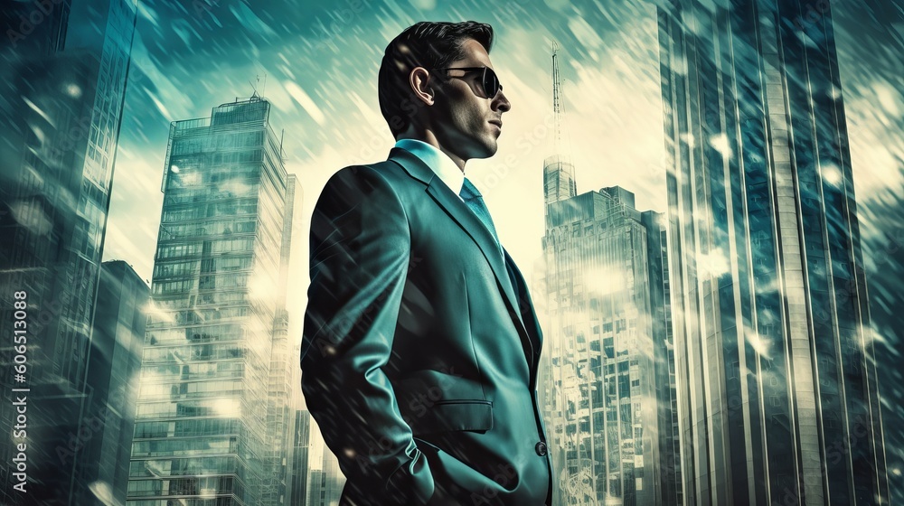 close up of businessman over city buildings, Generative AI close up of businessman over city buildings, Generative AI