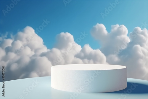 Abstract minimalistic background with a pedestal in the clouds. Empty podium for product demonstration with blue sky on background. AI generated content