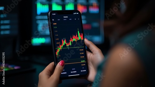 Business woman using smartphone with cryptocurrency money link network concept. Woman using mobile phone investing application. Stock market investment and trading cryptocurrency on app, Generative AI