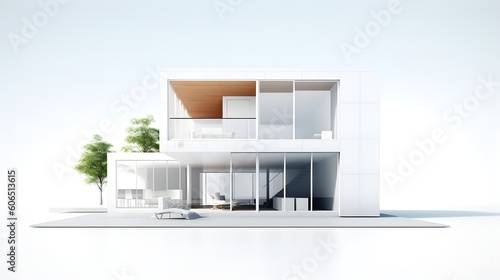 3D illustration, architecture, modern style two storey house, white, with color accents, ,rendering on isolated white  background © Peffy's Photography