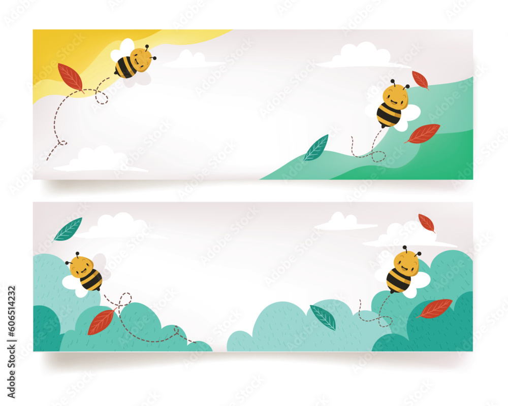 Fototapeta premium Set of horizontal banners with cute bees flying in the sky 
