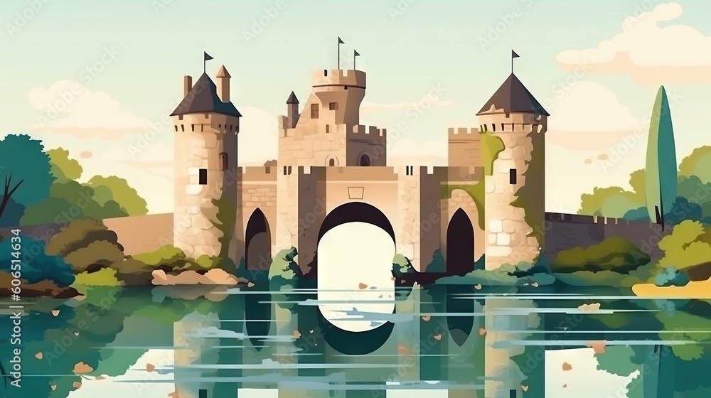 a painting of a castle on a lake with a boat in front of it and trees ...