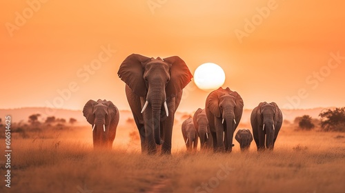 a herd of elephants walking across a dry grass field at sunset with the sun in the background and a few trees in the foreground.  generative ai © Oleg