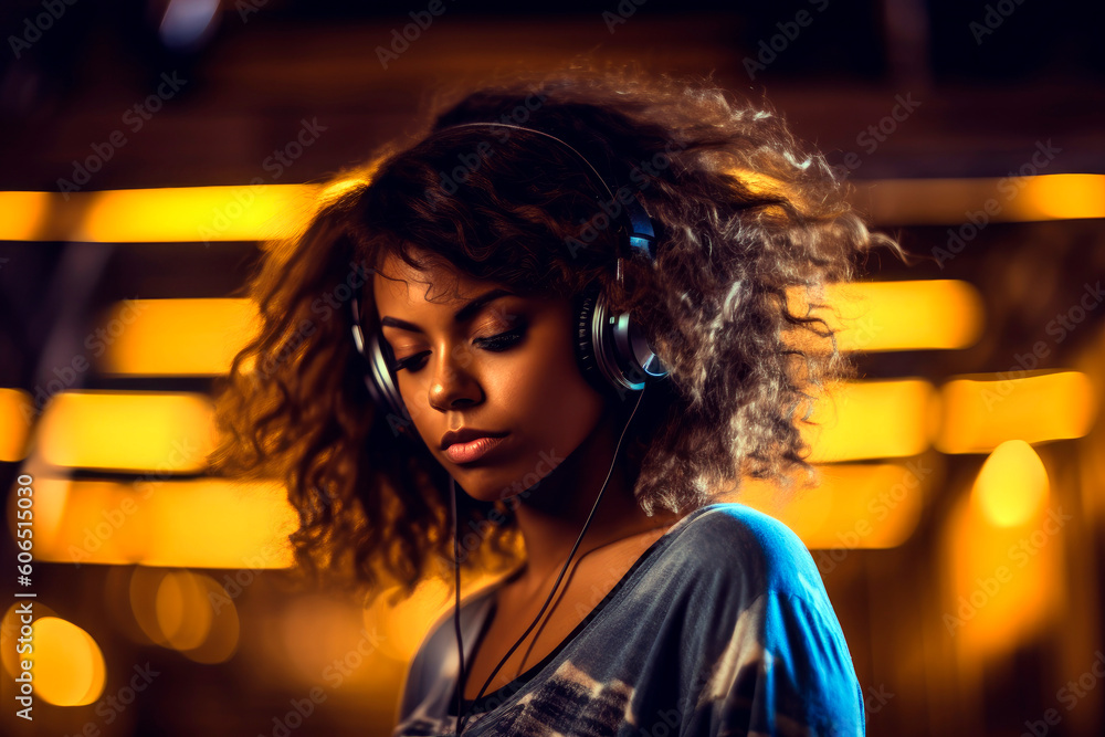 Fototapeta premium female DJ disc jockey, woman in profession, Generative AI