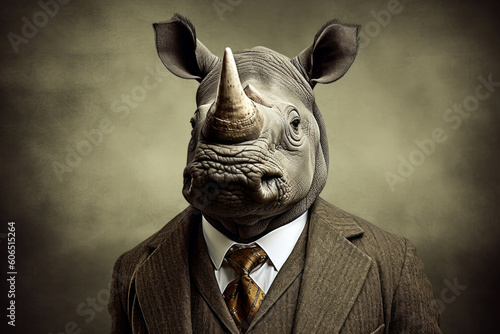An old traditional businessman Rhinoceros in a suit and tie, Generative AI photo