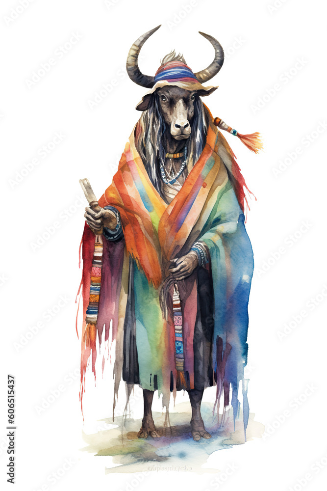 A watercolor painting of a yak wearing a colorful shawl. Generative AI.