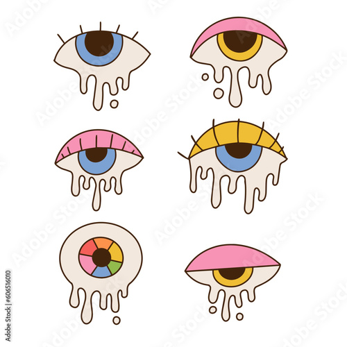 Trippy Melting Eyes set. Surreal psychedelic dripping eye collection. Contour hand drawn vector illustration. 70s retro elements collection.